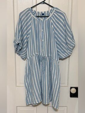 Old Navy Light Blue and White Striped Button-Front, Drawstring Waist Dress